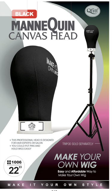 Mannequin canvas head with stand on a colorful background, featuring Qfitt branding.